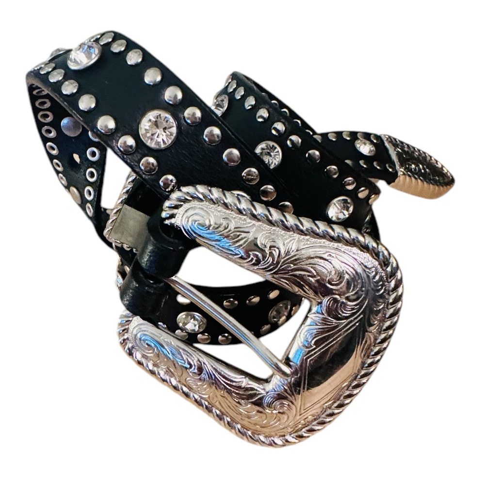 WOMEN'S BELT WESTERN NOCONA BLACK RHINESTONE STUDDED Bling SIZE Medium READ desc